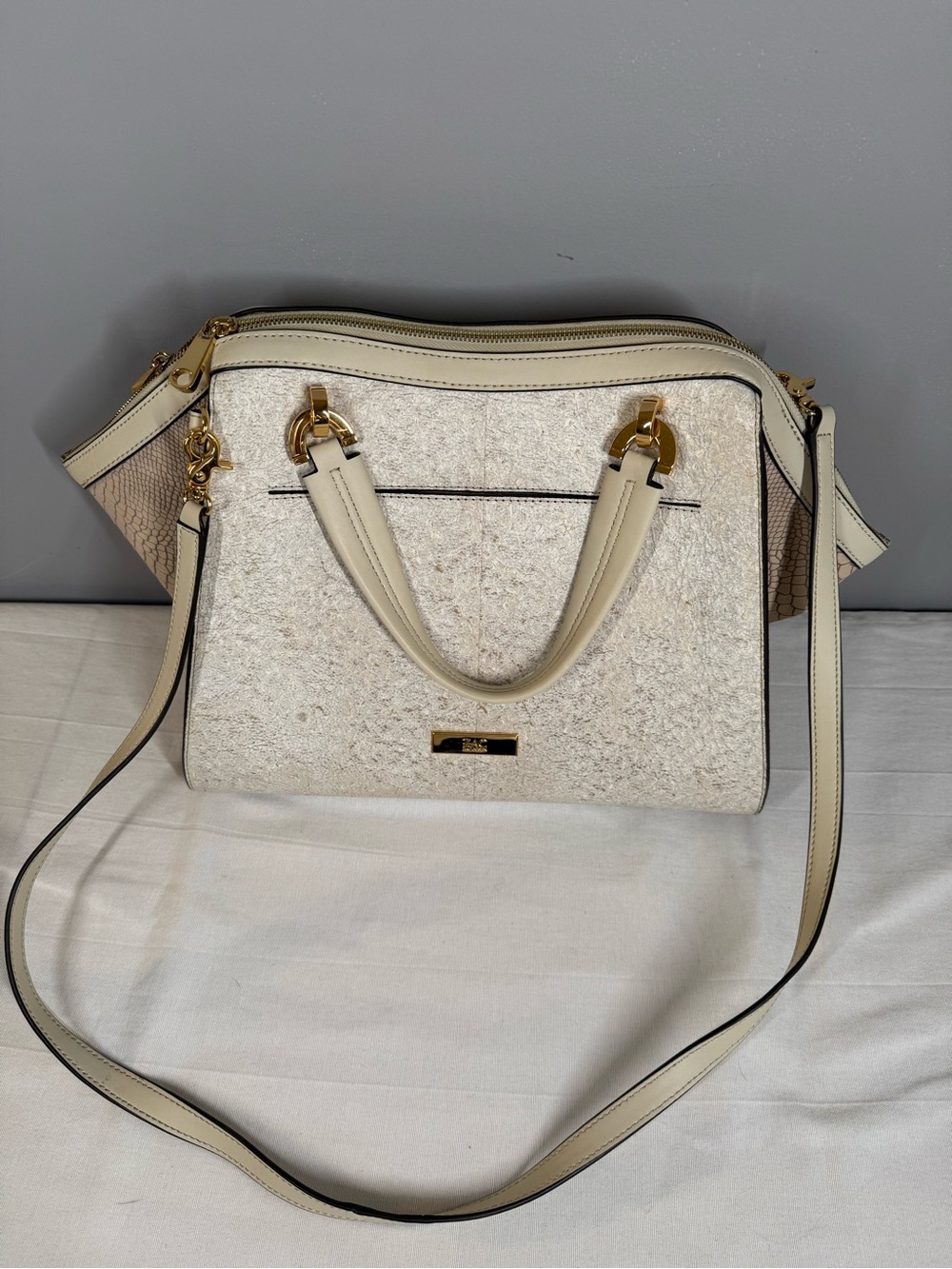 Zac Posen Cream Textured Shoulder Satchel with Gold Accent